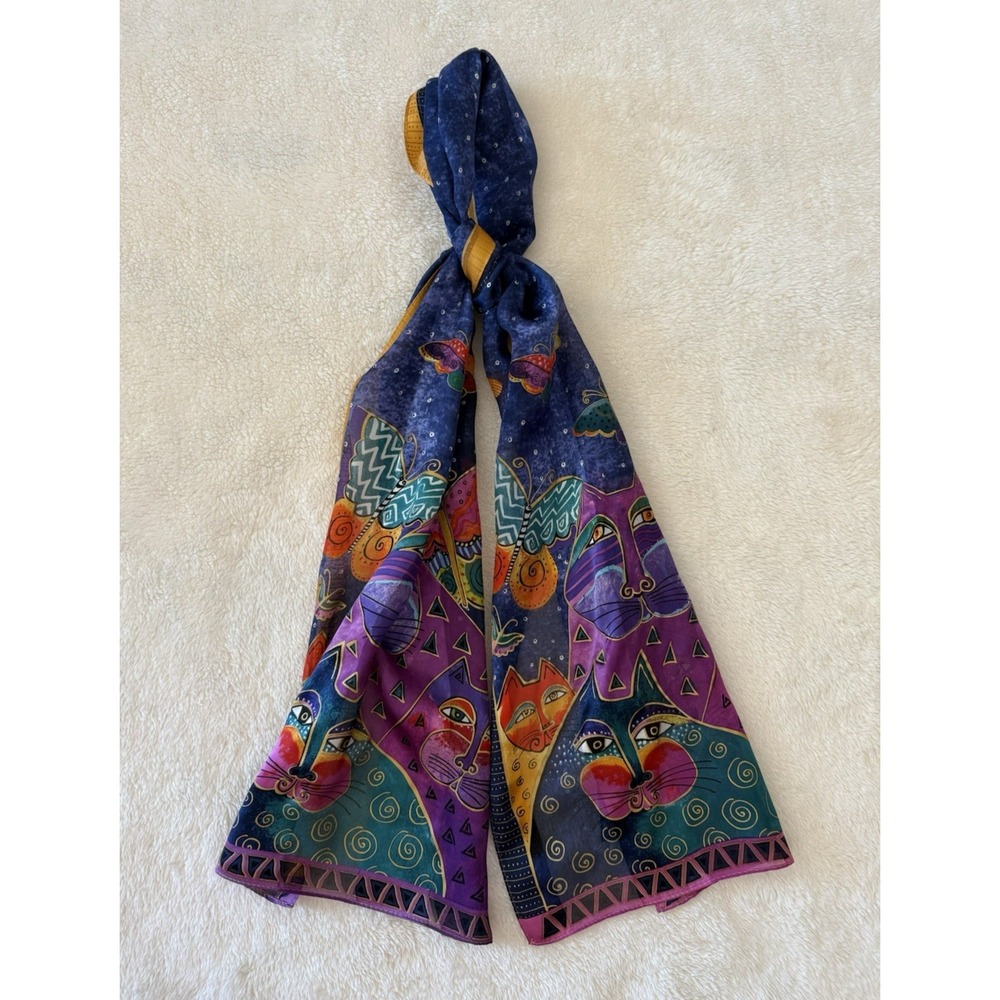 2015 Laurel Burch 100% Silk Scarf Indigo Cats & Butterflies 53x11 Wearable Art
